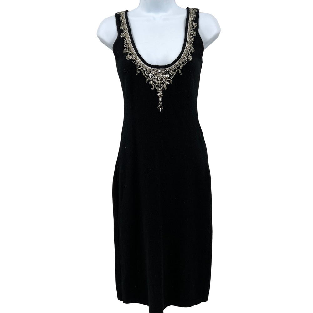 Luly Yang Couture Black‎ Cashmere Tank Dress Beaded Crystal Deep Scoop Neck